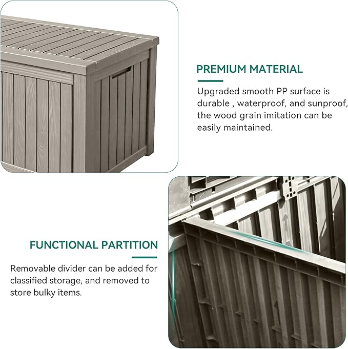 YITAHOME 150 Gallon Large Outdoor Storage XL Deck Box w/Divider for Patio Furniture,Outdoor Cushions, Garden Tools, Sports Equipment and Pool Supplies, Waterproof, Resin, Lockable, Taupe