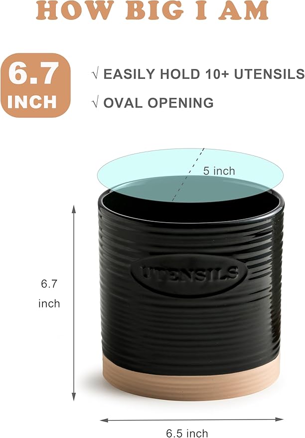 YHOSSEUN Black Utensil Holder, Ceramic Utensil Holder for Kitchen Counter, 6.7" Halloween Utensil Crock for Kitchen Tools Utensil Caddy, Oval Shape