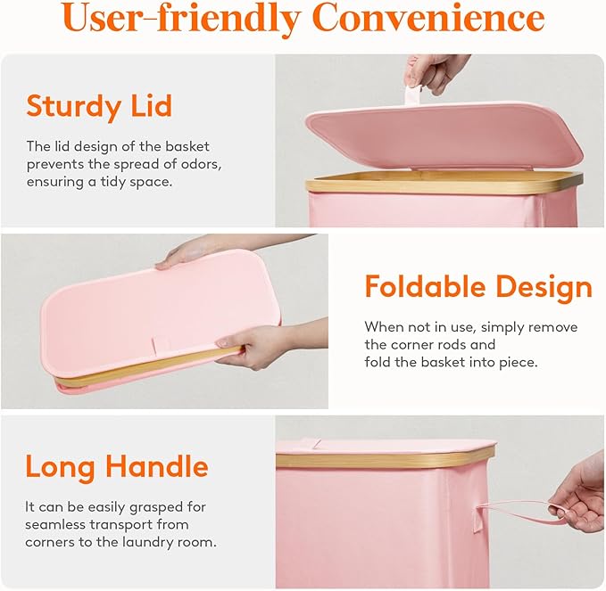Lifewit 75L Slim Laundry Hamper with Lid, Narrow Laundry Basket with Removable Bag & Bamboo Handles, Fodable Thin Dirty Clothes Hamper for Laundry Collapsible Bin for Bathroom Bedroom Dorm, Pink
