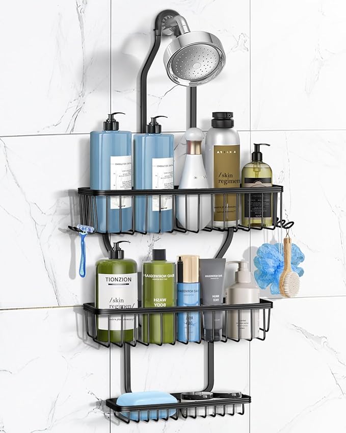 Shower Caddy Hanging - Never Rust Shower Hanging Organizer - Aluminum Over the ShowerHead Caddy with Soap Basket and 6 Hooks for Razor/Sponge (Black)