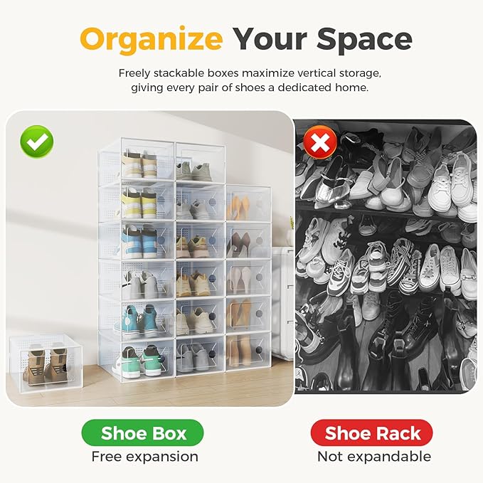 NEWBULIG 15 Pack Clear Shoe Storage Boxes, Shoe Organizer for Closet with Lid, Durable PE Transparent Shoe Containers Ideal for Sneakers, Heels & Boots, White