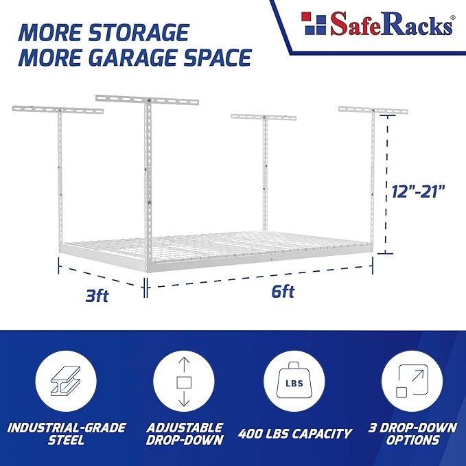 SafeRacks Overhead Garage Storage Rack - Heavy Duty Racks for Garage with 400 lb Capacity, Easy Garage Shelving, Adjustable Storage Rack, Ceiling Mount Storage Shelves 3x6 White (12"-21")