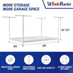 SafeRacks Overhead Garage Storage Rack - Heavy Duty Racks for Garage with 400 lb Capacity, Easy Garage Shelving, Adjustable Storage Rack, Ceiling Mount Storage Shelves 3x6 White (12"-21")