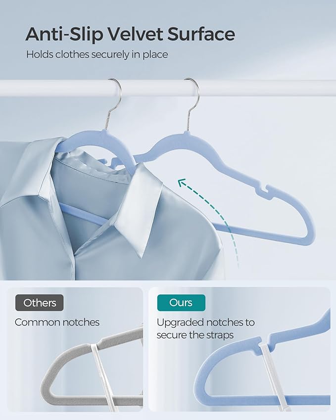 SONGMICS Velvet Hangers 50 Pack, Non-Slip Clothes Hangers, Suit Hangers with Shoulder Notches, Pants Bar, 360° Swivel Hook, Space-Saving, for Closet, Pale Blue UCRF029Q05
