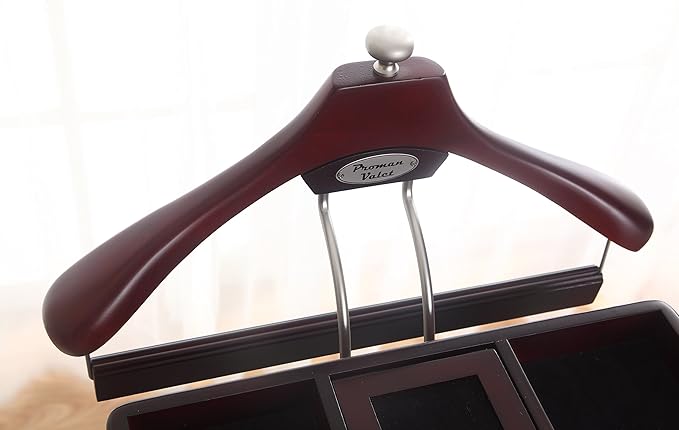 Proman Products Norstar Suit Valet Stand VL16245 with Detachable Hanger, Trouser Bar, Tie Bars, Mirror Tray & Drawer, 20”W x 15” D x 49”H, Mahogany