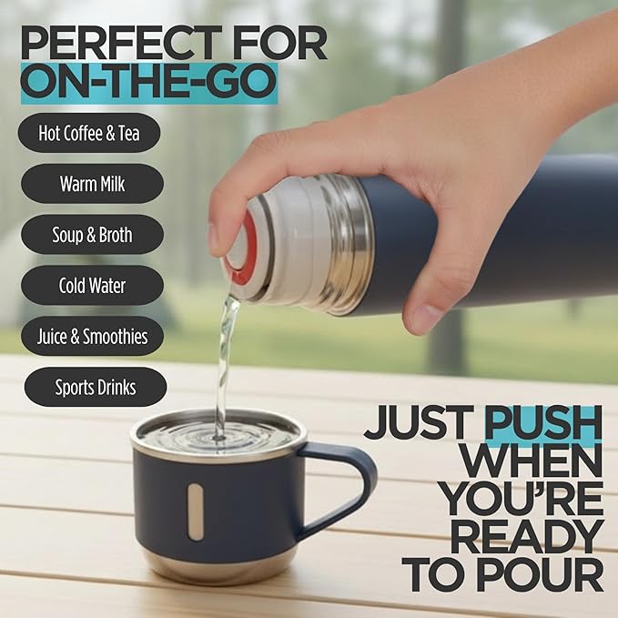 Blue Vacuum Flask Gift Set, Stainless Steel Insulated Water Bottle w/ 3 Cups, Hot & Cold Drinks Coffee Thermo Water Bottle, Reusable Thermal Cup for Outdoor Camping Travel, Termos para Agua Fria, 17oz