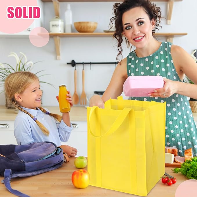 12 Pack Heavy Duty Reusable Grocery Bags - Large Shopping Totes Reinforced Handles, Holds 40 lbs, Foldable and Washable (Yellow)