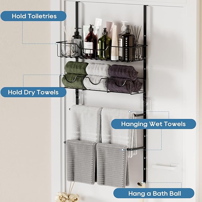 4 Tiers Towel Racks for Bathroom Door, Adjustable Bathroom Towel Holder with Storage Basket, Towel Storage for Bathroom Over The Door Towel Bar for Bathroom