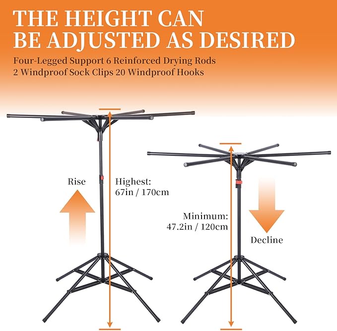 4-Leg Clothes Drying Rack with 6 Adjustable Poles,Standing Dryer,20 Windproof Hooks and 2 Sock Clips,No-Installation Drying Stand,Clothes Rack Foldable Space-Saving, Indoor and Outdoor Use Black