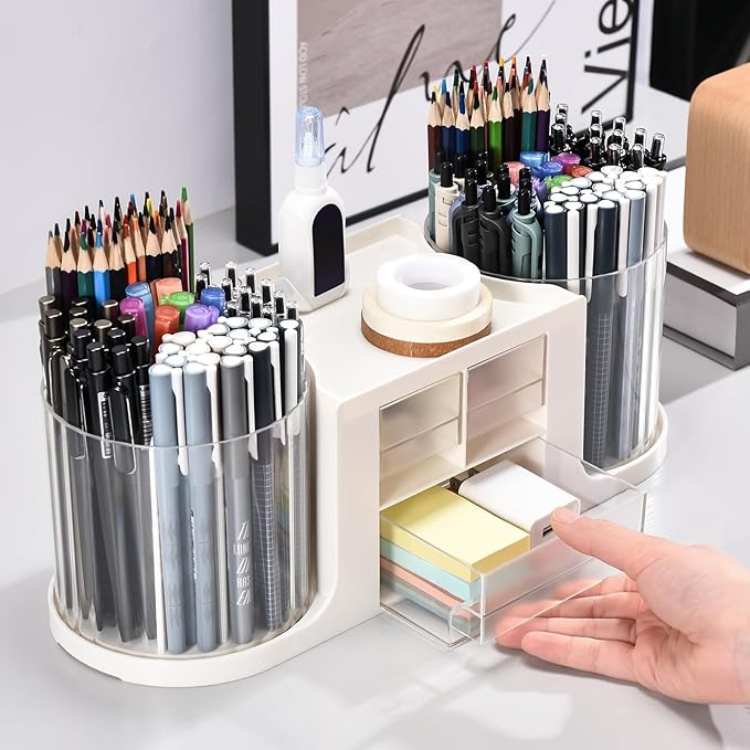 Rotating Desk Organizer with 2 Pen Holder, Desk Organizers and Accessories with 10 Slots Pencil Holder for Desk + 3 Drawer, Art Supply Storage Box Caddy for Office School Home (White)
