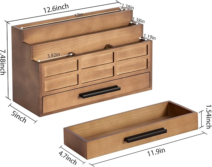 Brown Wood Desk Organizer and Accessories with Drawer, Bill Mail Organizer and File Mail Holder for Office Supplies, Rustic Desk Accessories & Workspace Organizers