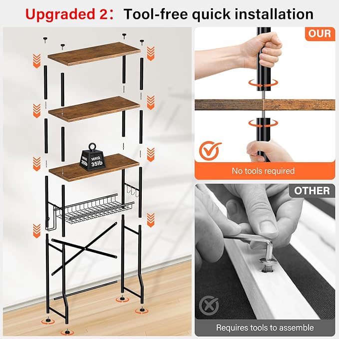 Over-The-Toilet Storage Shelves, 4-Tier Bathroom Organizer Shelf Over Toilet with Adjustable Feet Pad and Basket, Freestanding Space Saver Bathroom Storage Rack Above Toilet (Vintage Brown)