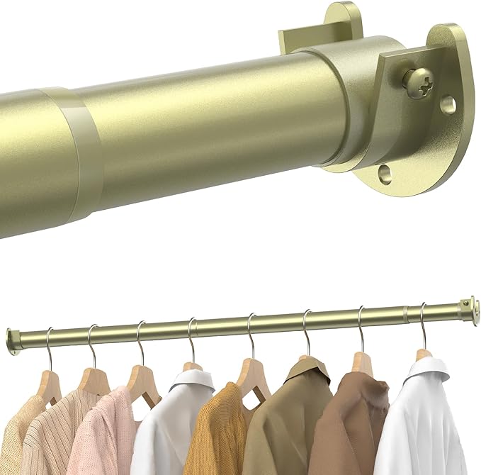 Closet Rods for Hanging Clothes, 17 to 99 Inches Stepless Adjustable Metal Closet Rod, 1.3 Inches Heavy Duty Clothes Hanging Rod for Closet Wardrobes Laundry RV, Verdant Gold