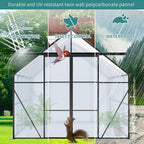 Double Sliding Door Polycarbonate Greenhouse with Rain Gutter and Roof Vent, Raised Base and Anchor Aluminum Heavy Duty Walk-in Green House, Outdoor Patio Sunroom (Black, 73.75*94.5*89.5in)