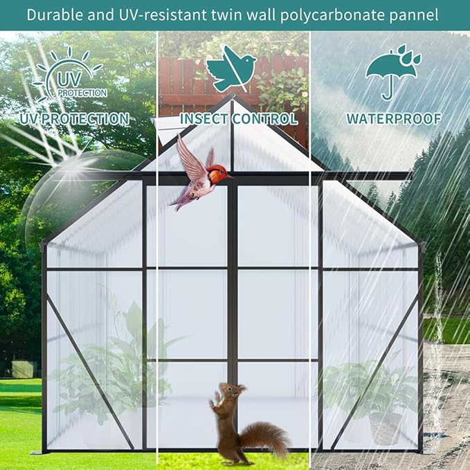 Double Sliding Door Polycarbonate Greenhouse with Rain Gutter and Roof Vent, Raised Base and Anchor Aluminum Heavy Duty Walk-in Green House, Outdoor Patio Sunroom (Black, 73.75*94.5*89.5in)