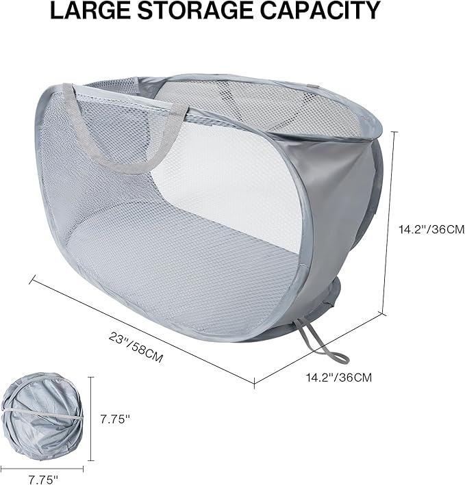 Pop Up Laundry Hamper, Large Collapsible Clothes Basket with Sturdy Handles, Foldable Mesh Storage Bin for Home, Dorm, Travel, Grey