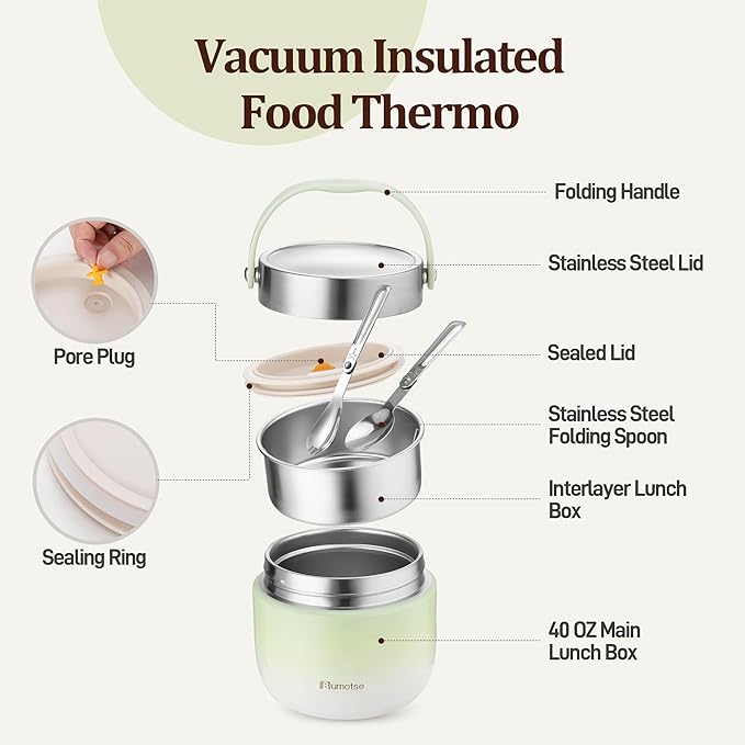 40oz Insulated Food Jar with 2 Compartments, Leak-Proof Thermo for Hot Food Wide Mouth Stainless Steel Includes Spoon and Fork Soup Thermo Lunch Containers Bento Box for Adults（Pink