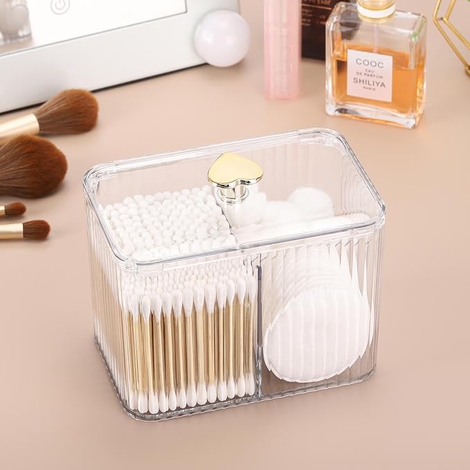 Tbestmax Qtip Holder Dispenser 3-Section Clear Bathroom Organizer Jar 3 Grids Cotton Swab/Pad/Ball Holder Container Cosmetics Storage for Vanity(2 Pack)