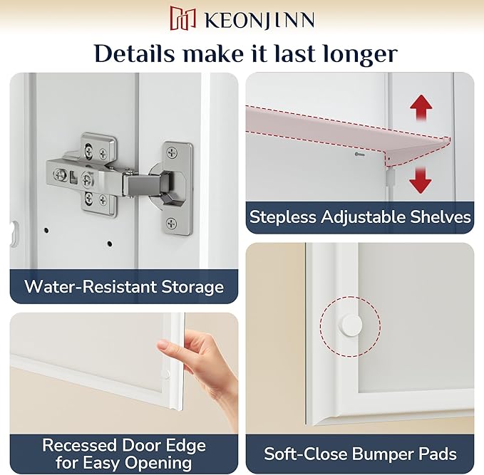 Keonjinn 30 x 26 Inch White Medicine Cabinet Mirror, Assembly Needed, in Wall Medicine Cabinets for Bathroom, Lightweight, Adjustable Shelves, Tempered Glass, Soft Closing, Recessed or Wall Mount
