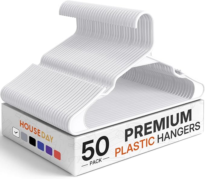 HOUSE DAY Plastic Hangers 50 Pack - White Clothes Hangers with Non-Slip Shoulder Grooves, Durable and Sturdy Coat Hanger, Space Saving Slim Design Perfect for Closet Organizers and Storage