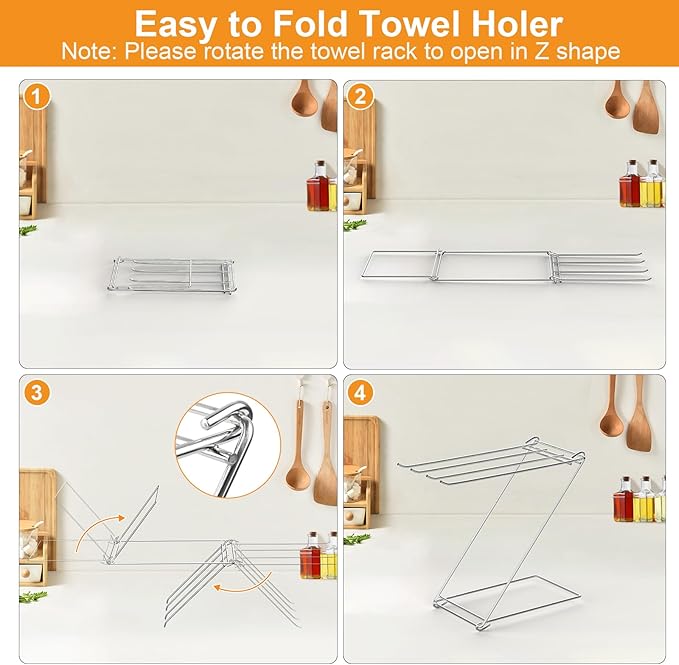 Kitchen Towel Holder Stand, 4-Arm Dish Towel Holder Countertop Towel Drying Rack for Bathroom, Free Standing Hand Towel Stand Washcloth Dish Cloth Drying Rack, Z-Shaped Folding Hanging Towel Bar Stand