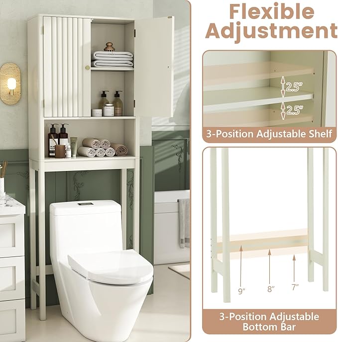 Tangkula Over The Toilet Storage Cabinet, Bathroom Space Saver with Fluted Doors Adjustable Shelf & Bottom Bar, Freestanding Above Toilet Storage Cabinet Organizer for Laundry, Restroom (Cream White)