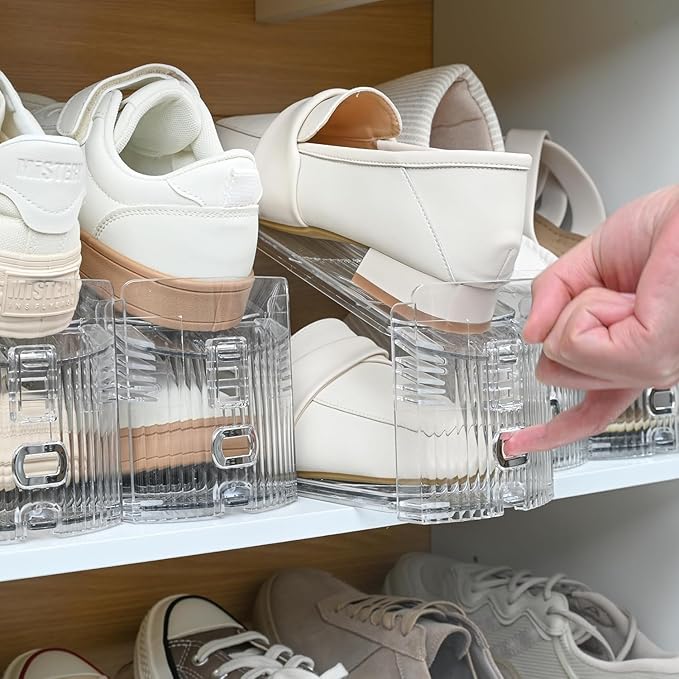 Clear Shoe Slots Organizer for Closet, 24-Pack Adjustable Shoe Stacker & Space-Saving Shoe Storage for a Variety of Spaces, Double Deck Organizer (Transparent Gold)