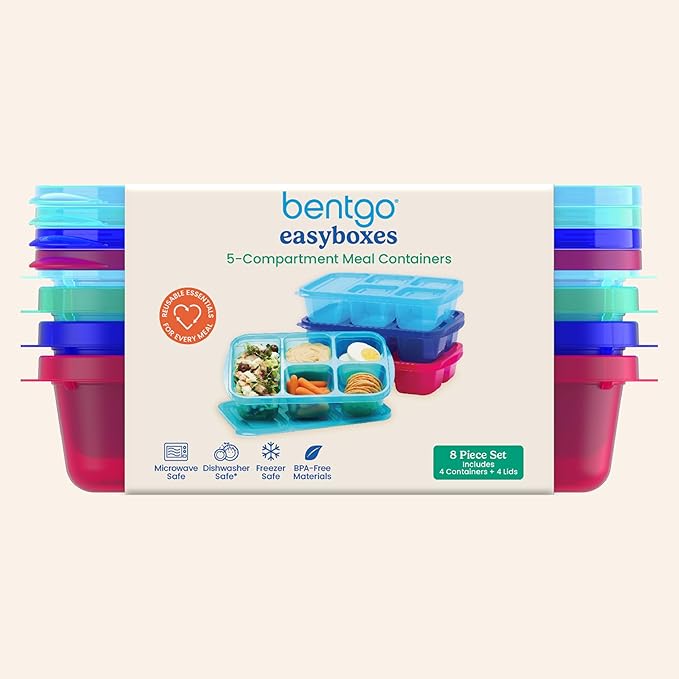 Bentgo Easyboxes - Reusable 5-Compartment Food Containers, Stackable 8-Piece Set, 4 Trays & 4 Lids, BPA-Free Food Storage for Meal Prep, School, & Work; Lunch Boxes w/Patented Design (Jewel Brights)