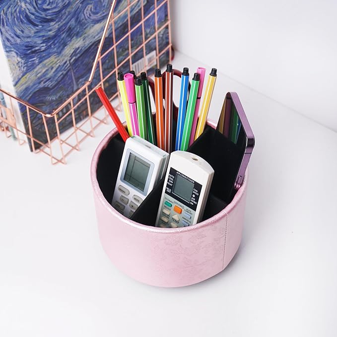 lizimandu Round Leather Art Supply Organizer,Remote Control Holder,360 Degree Spinning,Multi-Functional Pencil Holder,4 Compartments Desktop Stationary Organizer(1-Liuli Pink)