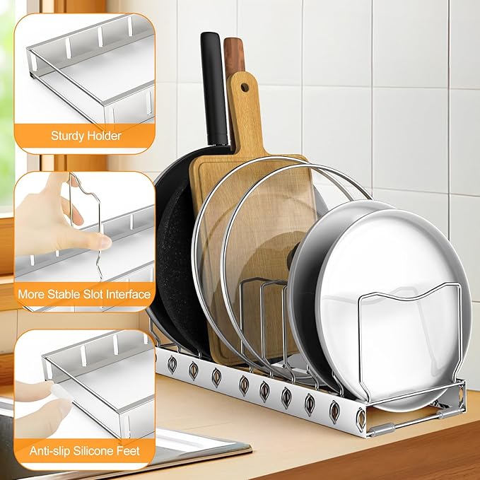 FLSEPAMB 2 Pack 10-Tier Pan Organizer Adjustable Lid Organizer Kitchen Organizers and Pan Organizer and Storage Pot Heavy Duty Pot Lid Organizer for Kitchen Under Sink Storage Drawer