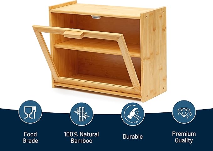 RoyalHouse Premium Bamboo Double Layer Bread Box With Clear Window, Bread Storage And Organizer for Kitchen Countertop, Bread Container, Assembly Required