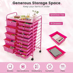 GOFLAME 15-Drawer Rolling Storage Cart, Craft Storage Cart with Removable Drawers & Lockable Wheels, Art Cart Supply Storage Organizer for Home Office Classroom, Hot Pink