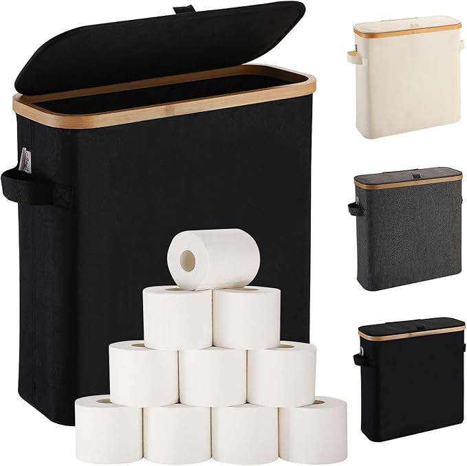 Toilet Paper Storage Basket with Lid for Mega Rolls, Large Bamboo Toilet Paper Organizer Holder Stand for Bathroom, Enclosed Tissue Storage Bin Box Container Free Standing, Black