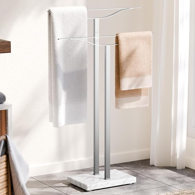 Bathroom Towel Rack Freestanding Floor Stand: Brushed 33in 2‑Bar Weighted Marble Base Towel Holder, Rustproof 304 Stainless Steel Drying Rack for Bath&Hand Towels, No‑Drill Slim Organizer, Spa Pool