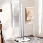 Bathroom Towel Rack Freestanding Floor Stand: Brushed 33in 2‑Bar Weighted Marble Base Towel Holder, Rustproof 304 Stainless Steel Drying Rack for Bath&Hand Towels, No‑Drill Slim Organizer, Spa Pool