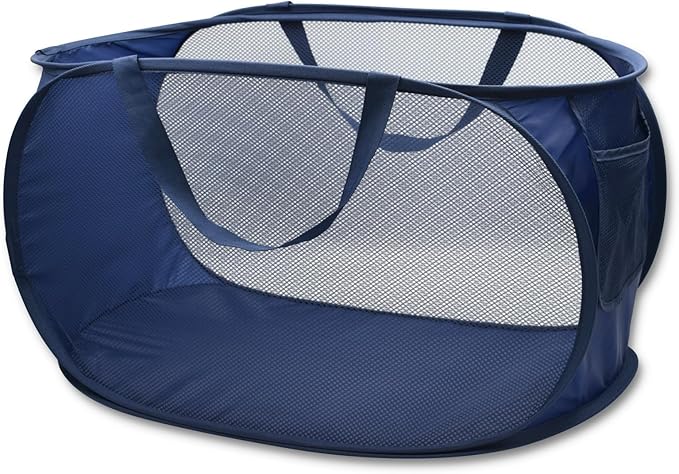 HONOMA Sturdy Mesh Laundry Hamper Basket Bag,Pop up Basket with Side Pocket for Laundry Room, Bathroom, Kids Room, College Dorm or Travel (Pop Horizontal, Navy Blue)