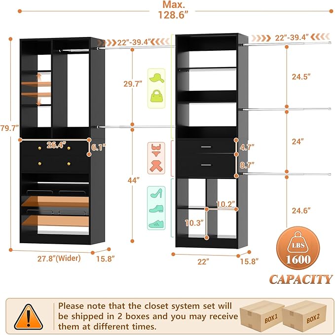 Closet System, Up to 128.6"/10.7 FT Closet Organizer with 4 Wooden Drawers and Shelves, Walk-in Closet System with 6 Hanging Rods, Built-in Closet Can Fit 96"/8FT, 120"/10FT, Black