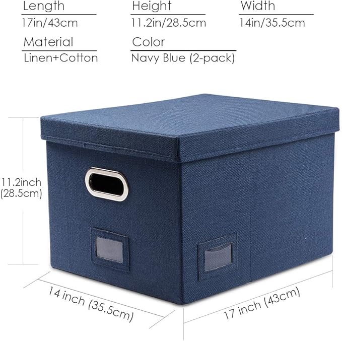 PRANDOM File Organizer Box - Set of 2 Collapsible Decorative Linen Filing Storage Hanging File Folders with Lids Office Cabinet Letter/Legal Size Navy Blue (17x14x11.2 inch)