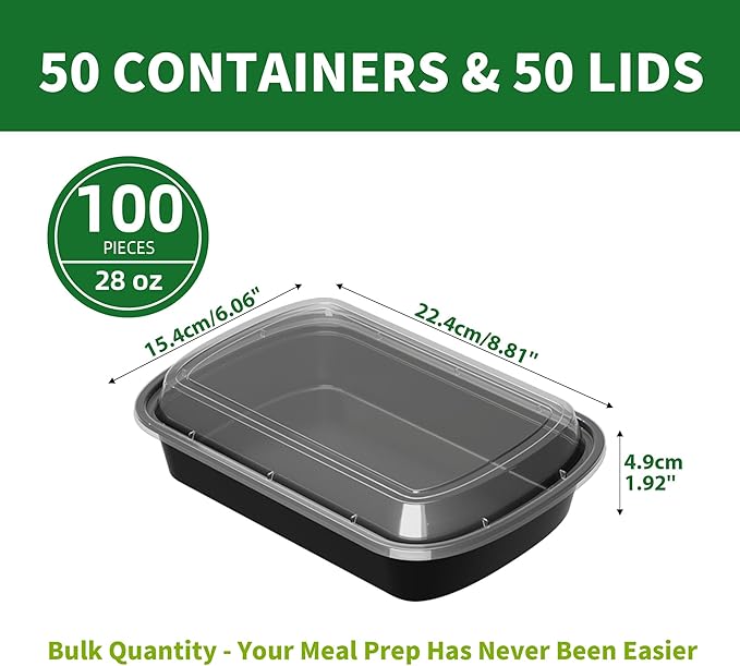 Meal Prep Containers, 50 Pack 28oz (100-Piece) Disposable Take Out Food Storage Containers with Leakproof Lids, Reusable Plastic To Go Lunch Boxes, BPA Free, Microwave/Dishwasher/Freezer Safe