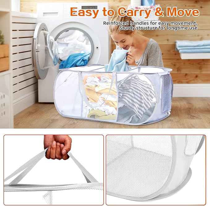 Durable Collapsible Foldable Mesh Pop Up Laundry Basket, 3 Compartments Easy to Carry & Sort Clothes Hampers for Home, Dorm, Travel White