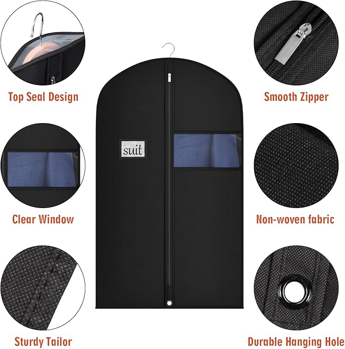Univivi Garment Bags Suit Covers for Storage, 40-inch Hanging Clothing Bags with Clear Window and ID Card Holder for Suits, Jackets, Skirts (5 Pack)