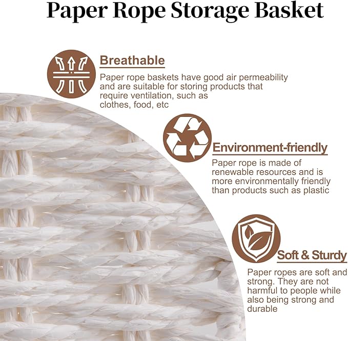 OIAHOMY Toilet Paper Baskets Handmade Paper Rope Decorative Wicker Storage Tank Shelf Cabinet Organizer for Bathroom Home, Set of 2, White