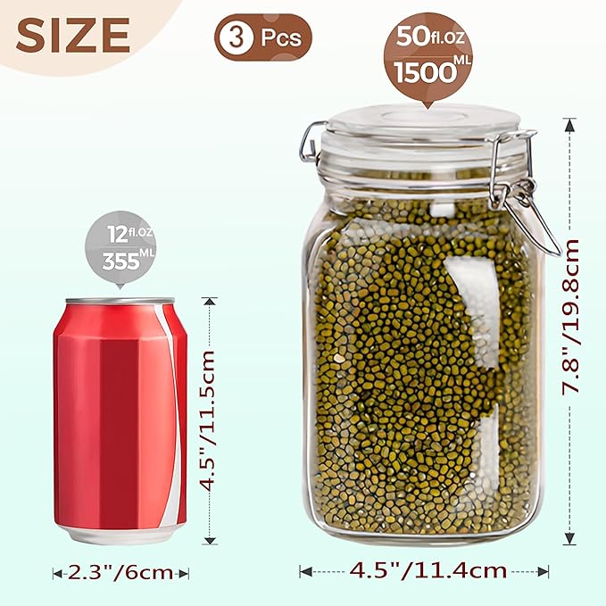 Clear Food Storage Jars 50oz Square, Airtight Glass Canister with Lids Set of 3, Kitchen & Pantry Organization Food Storage Container for Canning, Sugar, Flour, Candy, Cereal, Coffee