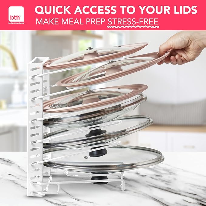 Free-Standing Adjustable Pot Lid Organizer for Cabinet - Kitchen Storage Rack 6 Adjustable Shelves, Pot Lid Holder, Pan and Pot Rack Organizer, Pantry & Inside Cabinet Organizer (13” Clearance)