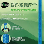 TECEUM Rope – 150 Feet x 1/4 Inch (7mm) – Sky Blue – Strong All-Purpose Utility Rope – Camping, Crafting, Flag Pole, Indoor & Outdoor – Polypropylene Nylon Poly Lightweight Diamond Braided Cord