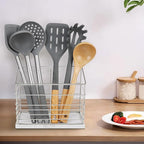 Utensil Holder for Kitchen Counter, Metal Utensil Holder Rack for Kitchen Countertop, Cooking Tools Storage for Spatula, Utensil Organizer with Marble Base, and Drainage Hole (Chrome Marble)