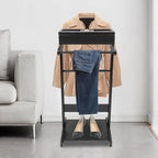 Suit Valet Stands for Women and Men Clothes Wood Valet Stand with Base Freestanding Clothing Organizer Valet Stand Contour Hanger Trouser Bar Belt Hooks for Office Living Room (Black)
