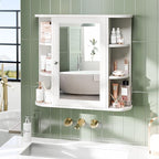 Meilocar Bathroom Medicine Cabinet, Bathroom Mirror Cabinet Wall Mounted with 6 Side Open Shelves, White Wall Cabinet with Mirror, White