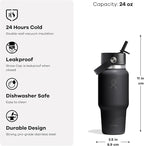 Hydro Flask Travel Water Bottle - Insulated Stainless Steel - Wide Straw Lid, Non Spill, Leakproof in 24 Oz Tonal Black