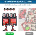 3-in-1 Metal Wall Mount for Milwaukee Charger, Battery and Drill, Battery Holder for 4×M12 & 4×M18 Batteries, Charger Holder for 2x M12-18C/2x M12-18FC/1x M18 DFC Chargers, Power Tool Organizer